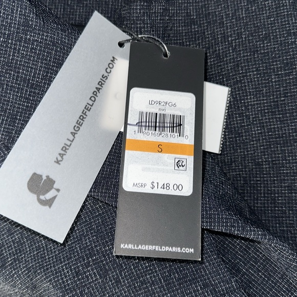 Karl Lagerfeld Blazer Navy Small Long Jacket White Contrast Trim Lined Pockets - Picture 15 of 15